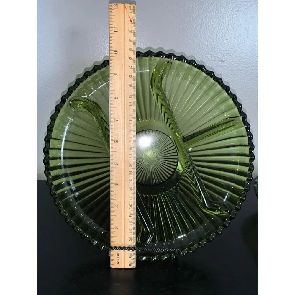 Vintage Indiana Glass Divided Relish Dish Avocado‎ Green Ribbed MCM Serving